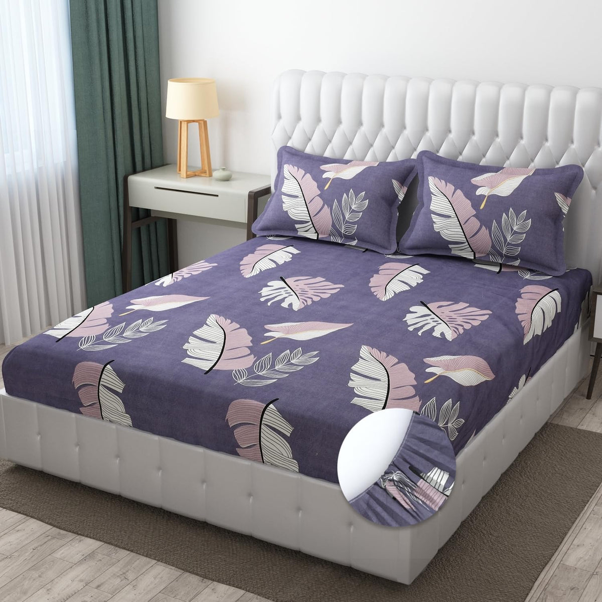 (Leaves-Purple) Cotton Elastic 160 TC King Bedsheet with 2 Pillow Covers Main image