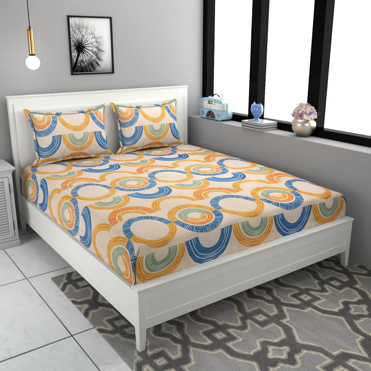 Orange and Blue Cotton Elastic 160 TC King Bedsheet with 2 Pillow Covers Main image