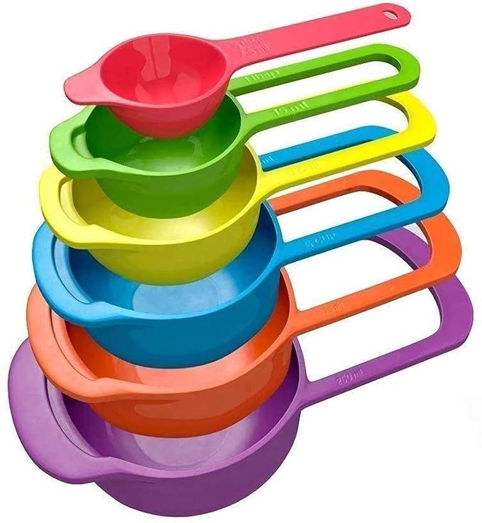 Plastic Cooking Baking Measuring Cups and Spoons Kitchen Tools, Bakeware Rainbow Colours (6-Piece Set) Main image