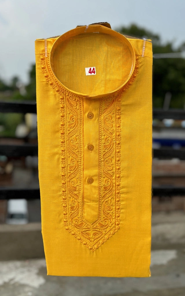 Cotton Embroidered Kurta for Men (Yellow) Main image