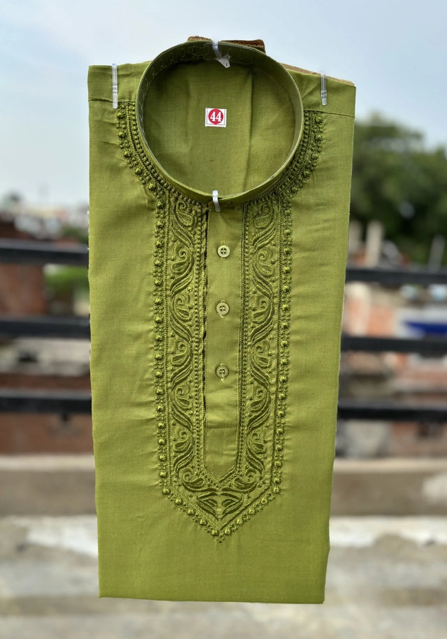 Cotton Embroidered Kurta for Men (Green) Main image