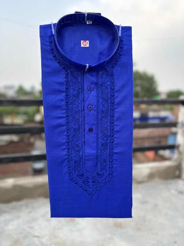 Cotton Embroidered Kurta for Men (Royal Blue) Main image