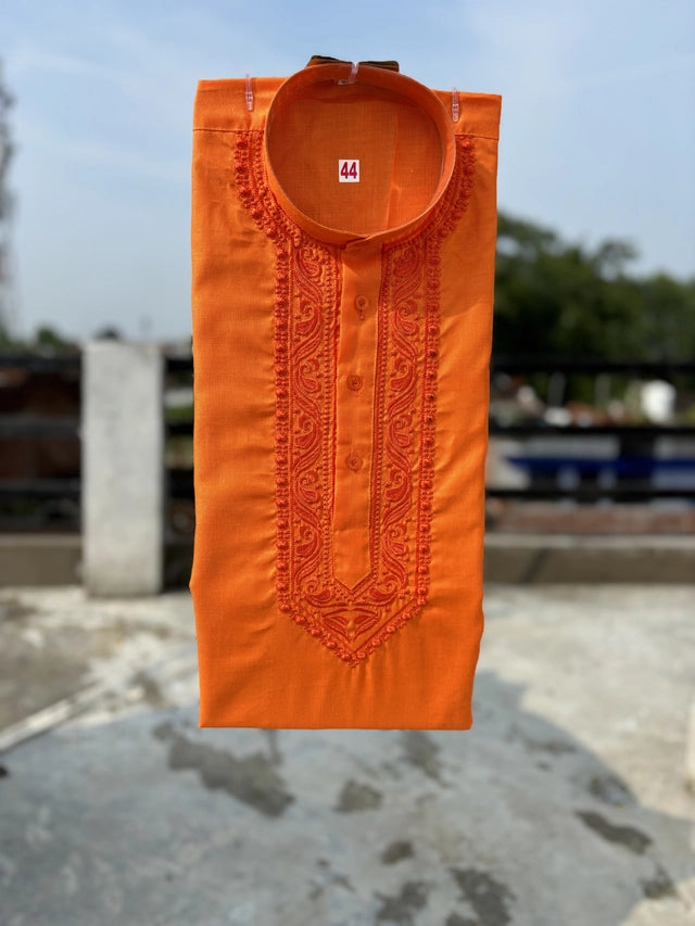 Cotton Embroidered Kurta for Men (Orange) Main image