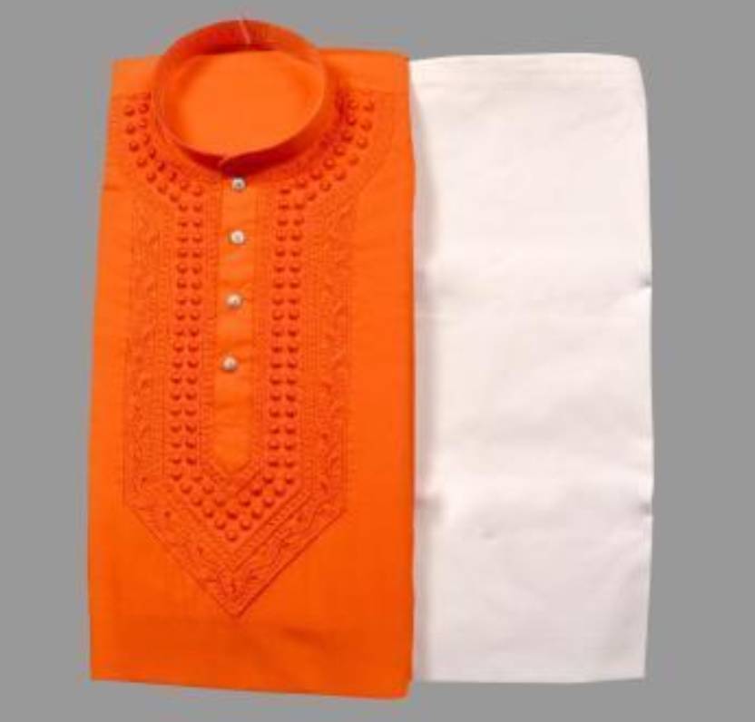 Cotton Embroidered Kurta with Pyjama for Men (Orange & White) Main image
