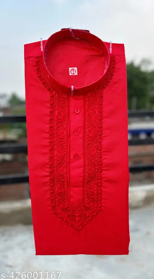 Cotton Embroidered Kurta for Men (Red) Main image