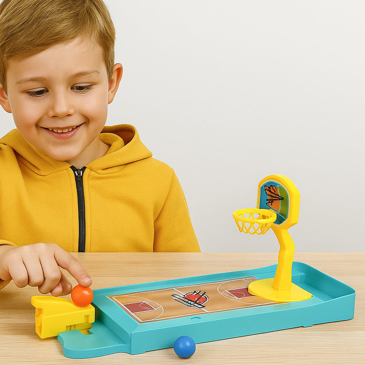 A vibrant Mini Finger Basketball Game set ready for play on a table. Main image