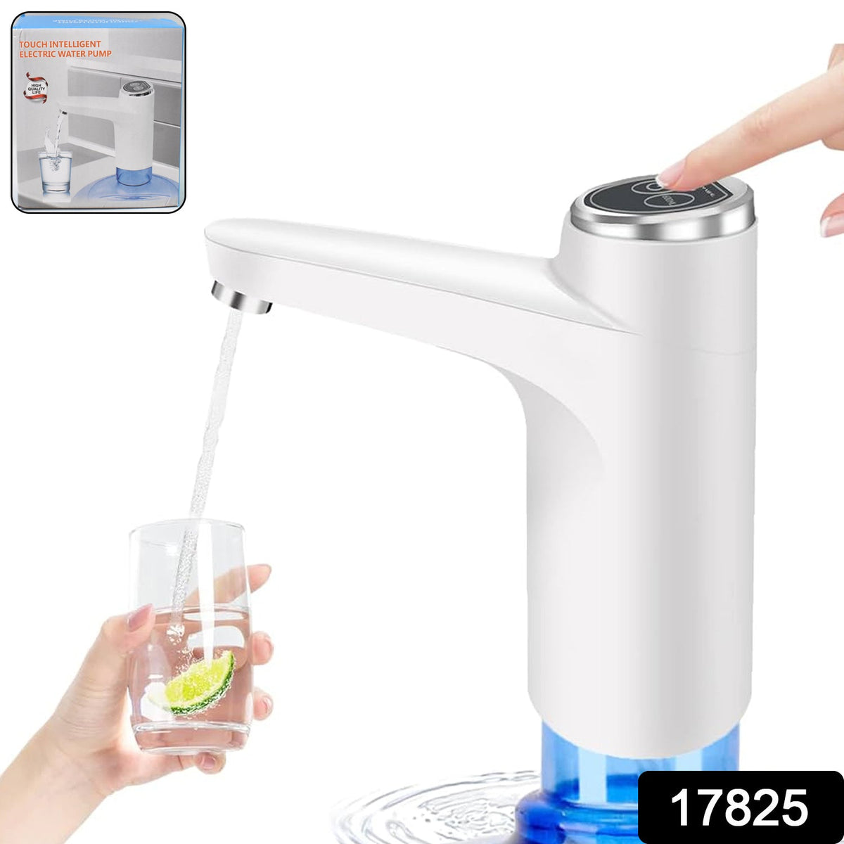 Portable water dispenser pump with a USB charging port on a kitchen counter. Main image