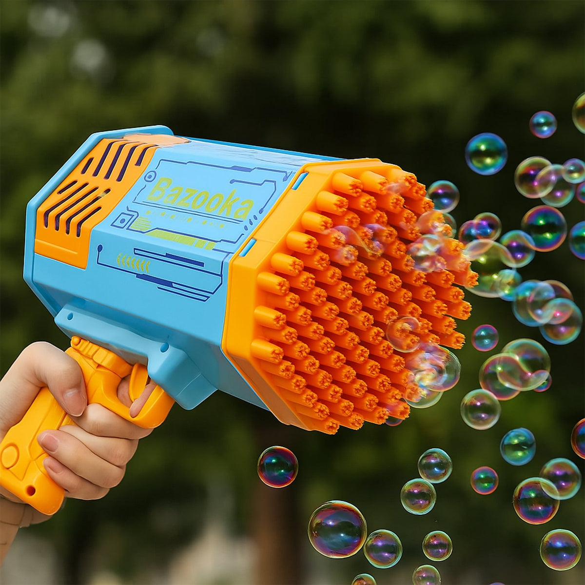 A child happily holds the 69-hole Rechargeable Bubble Gun, blowing a stream of bubbles in a park. Main image