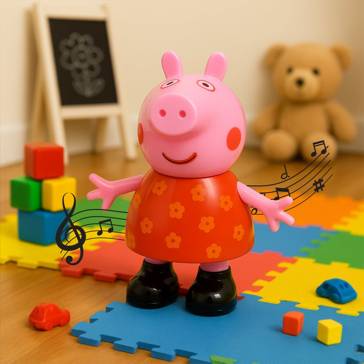 A vibrant pink pig pretend play toy with movable limbs, displayed against a white background. Main image
