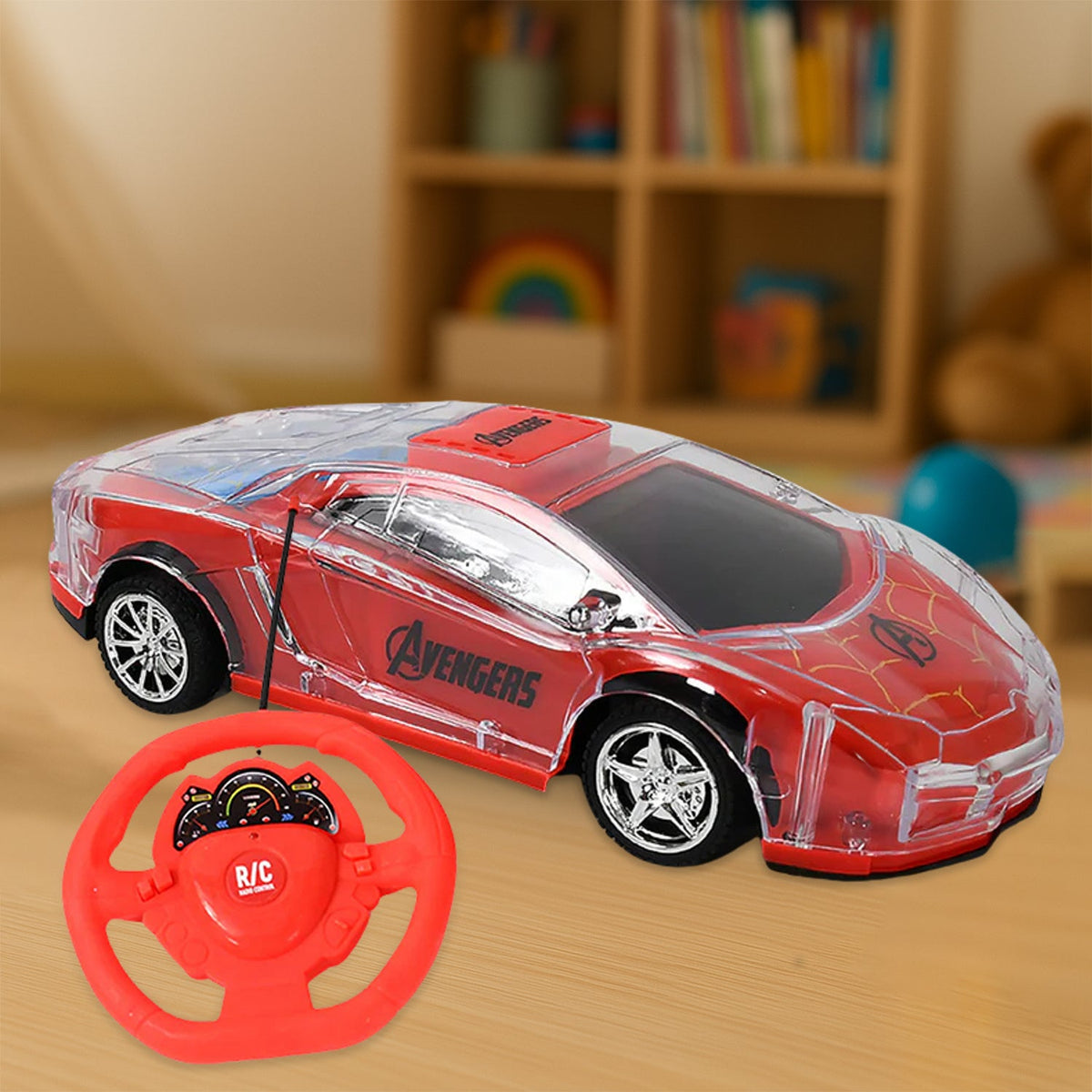 Vibrant red Remote Control Car with its handle remote controller, ready for action. Main image