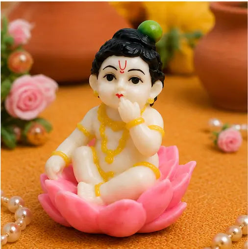 Baby Krishna Idol Sitting on Lotus, Premium Resin Murti for Pooja Room & Home Décor, Cream, 1 Pc Main image