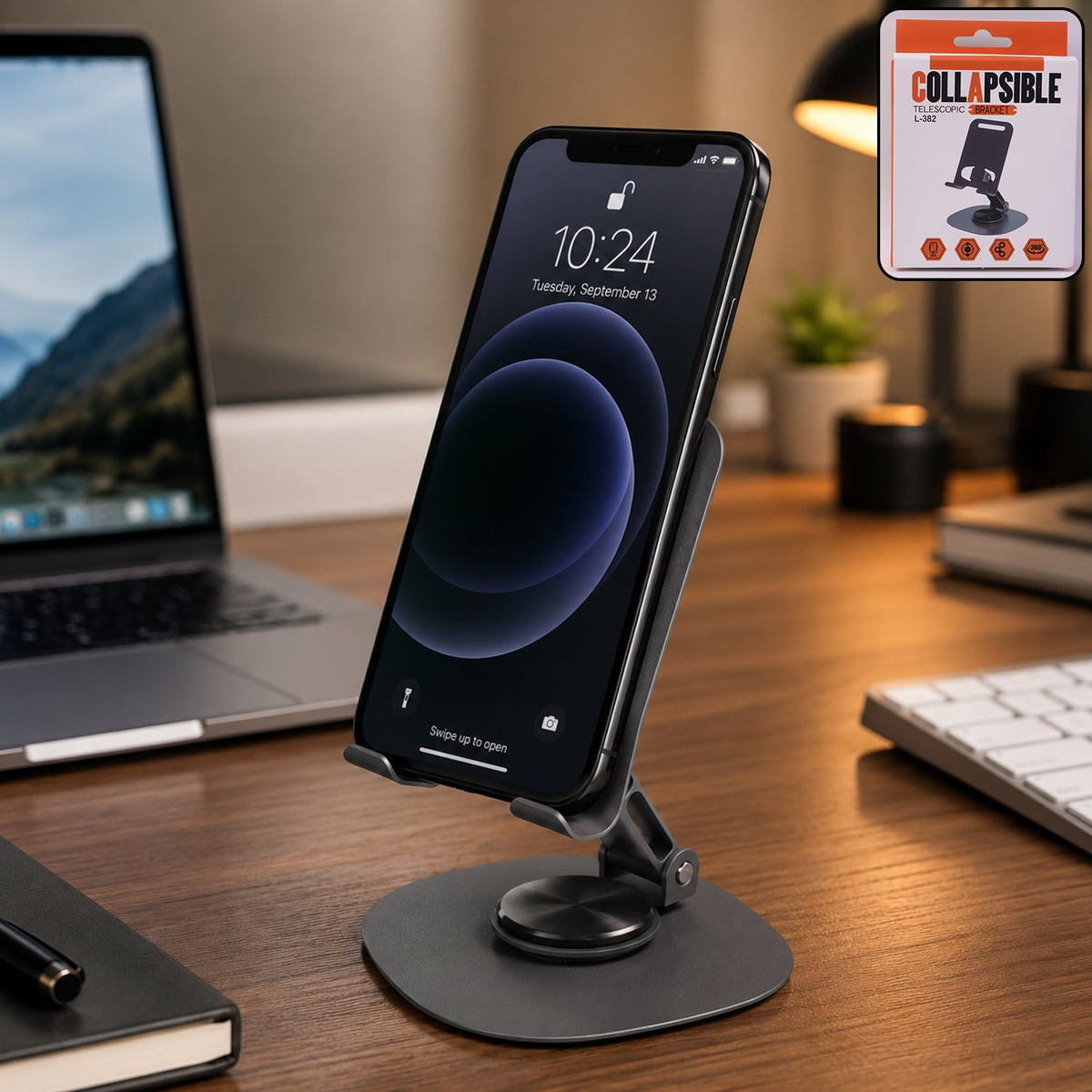 Foldable metal mobile stand demonstrating 360 degree rotation flexibility Main image