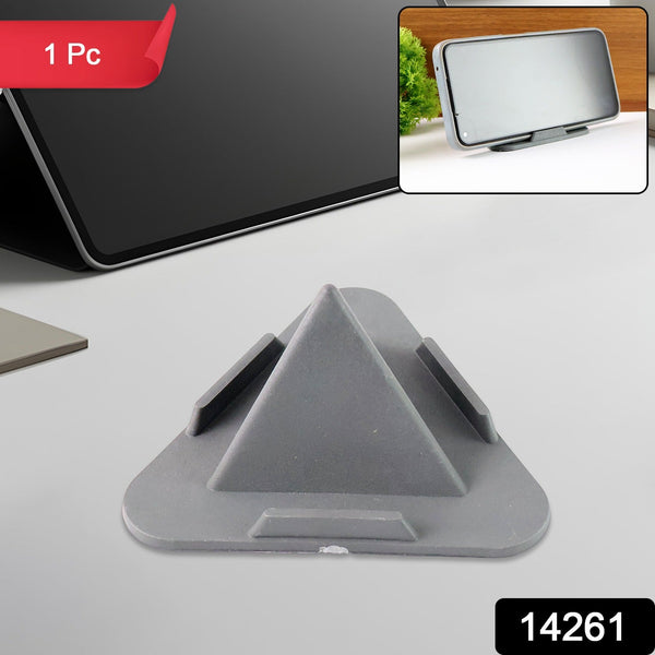 Side view of grey pyramid phone stand showcasing stability