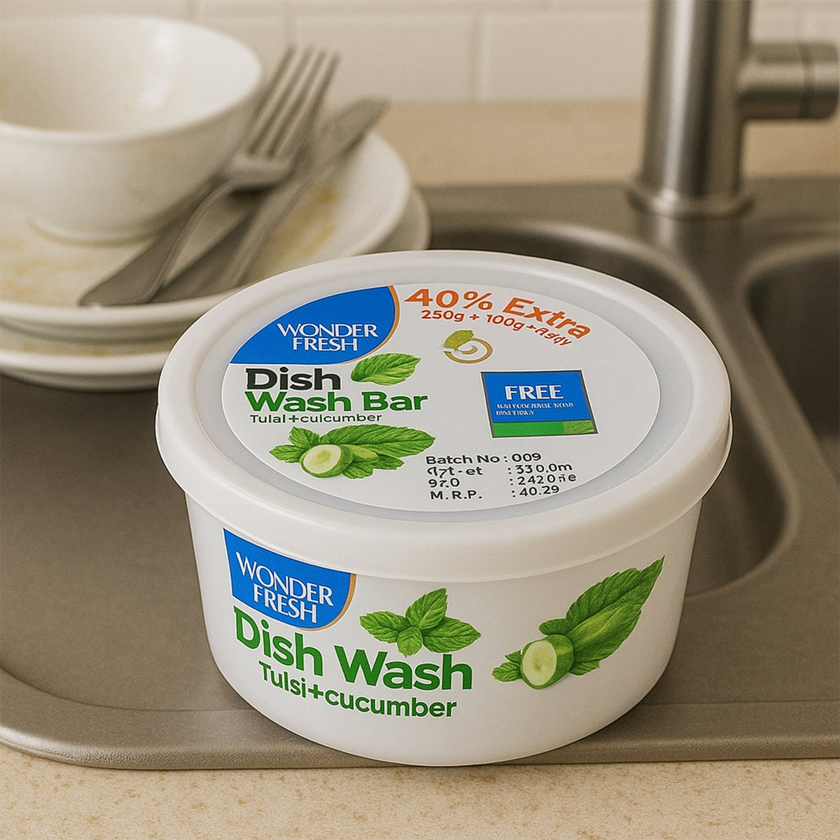 Wonder Fresh Dishwash Bar 350g in Fresh Mix Flavor with a super scrubber on a clean surface. Main image