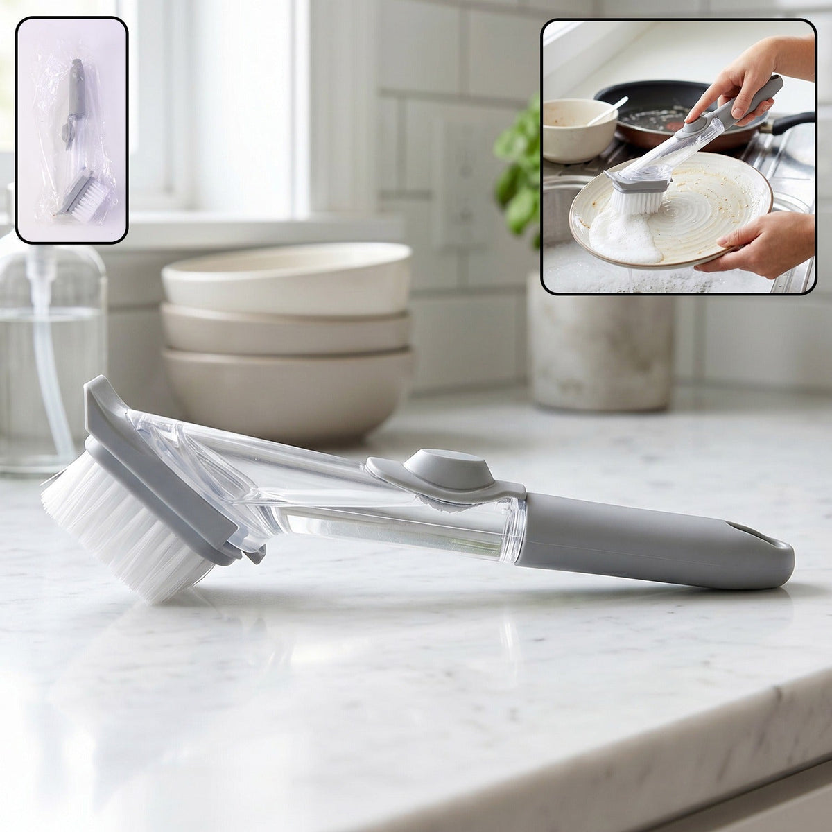 Refillable soap dispensing dish scrub brush with sturdy bristles Main image
