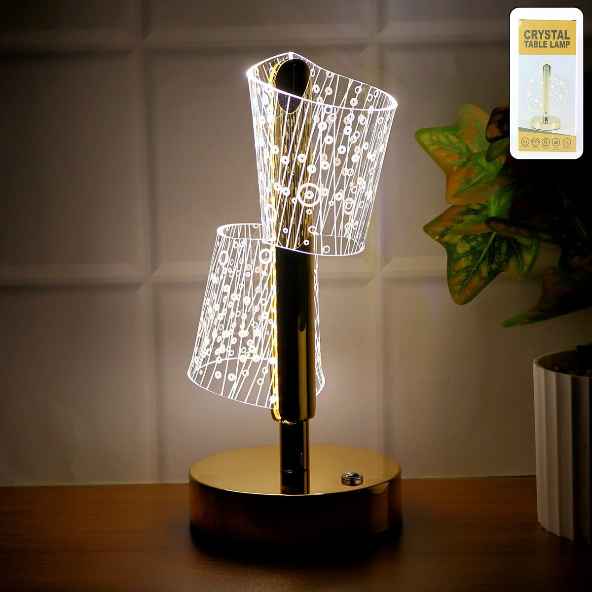 Crystal LED Double Shade Table Lamp with golden base illuminating softly Main image