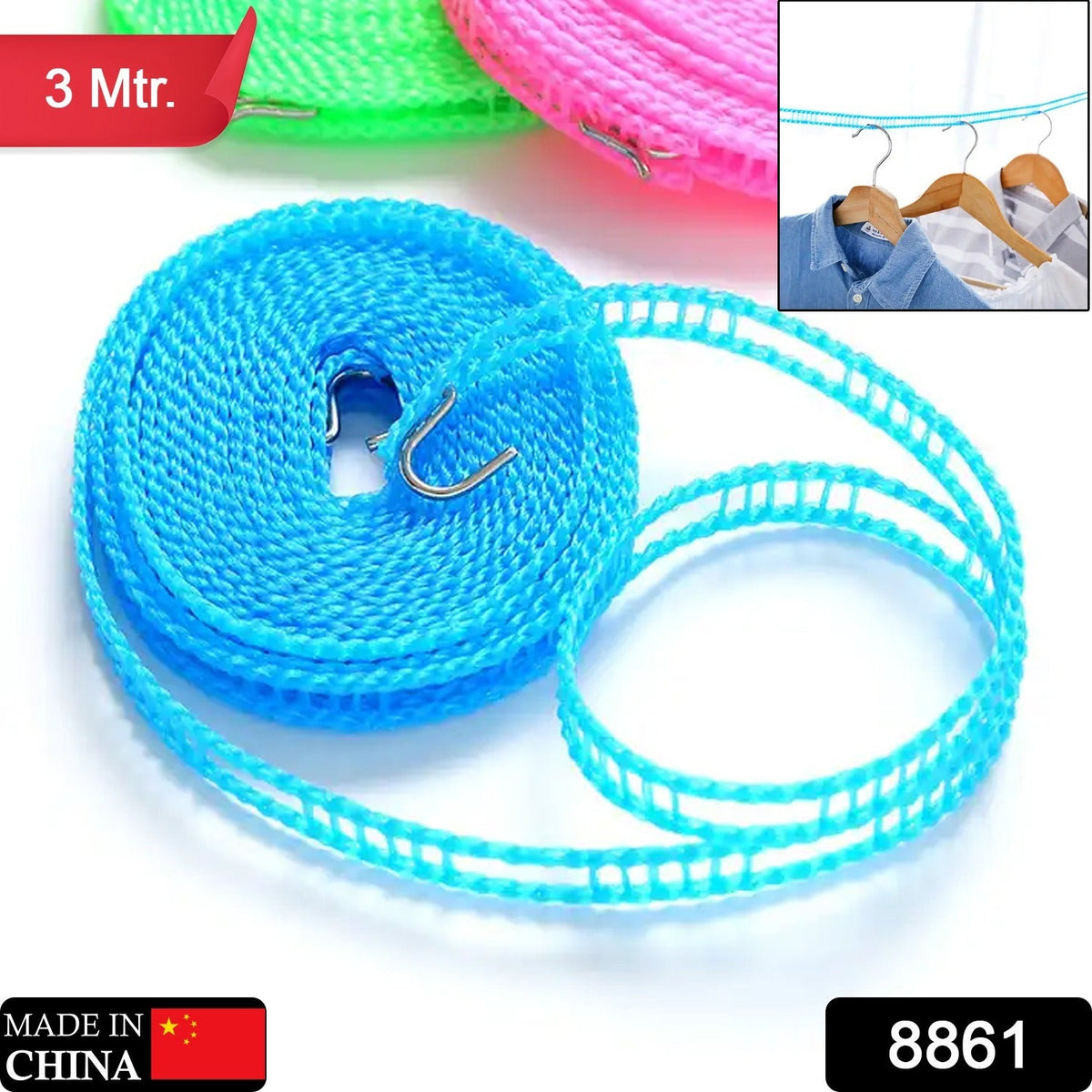 Organivo 3m anti-slip clothesline rope with stainless steel hooks. Main image