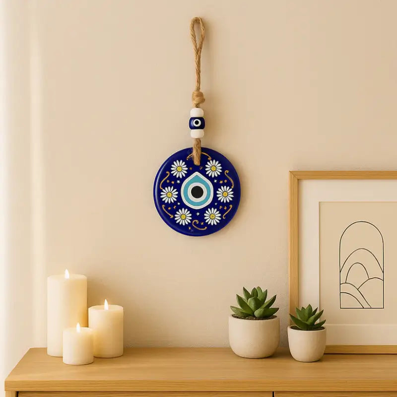 Decorative Evil Eye Wall Hanging Nazar Protector Charm with Beads Blue Glass Design for Home, Office, Car & Entrance Vastu Feng Shui Decorative Ornament Main image