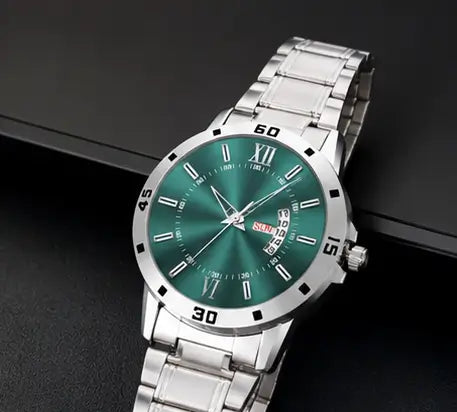 Men’s Analog Watch – Olive Green Dial with Stainless Steel Strap | Day & Date Display Quartz Wristwatch Secondary image
