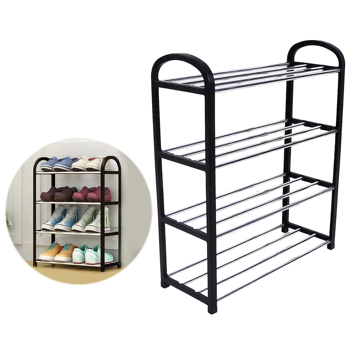 4 Tier Shoe Rack by Indo Glow, showcasing its compact design and sturdy steel frame. Main image
