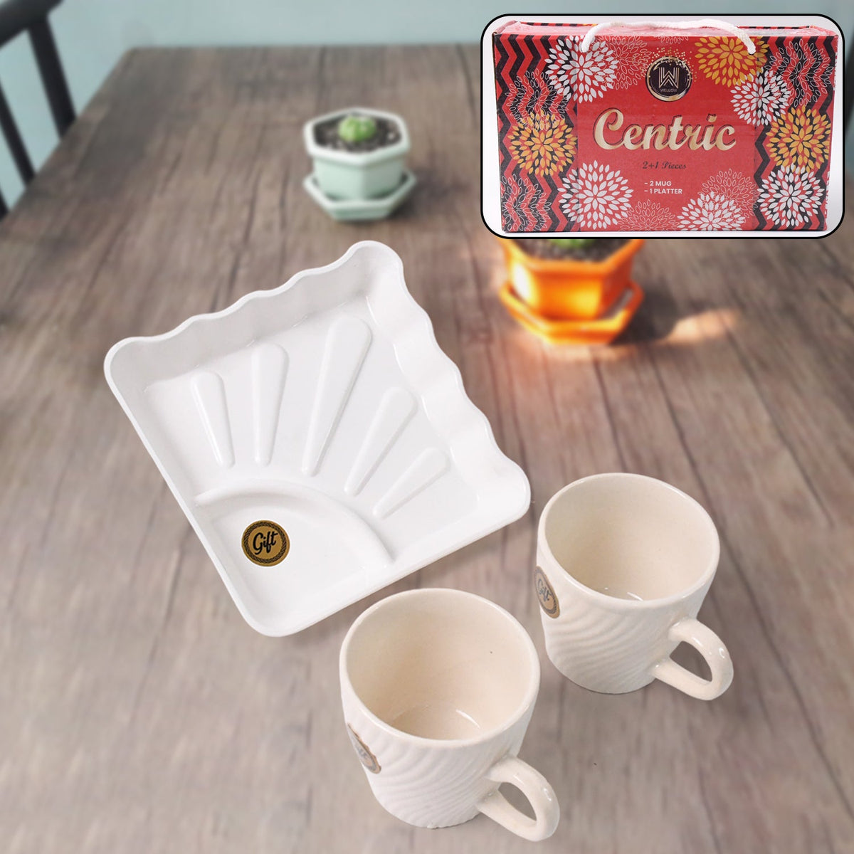 Ceramic tea cups paired with plastic square serving platter for stylish tea serving Main image