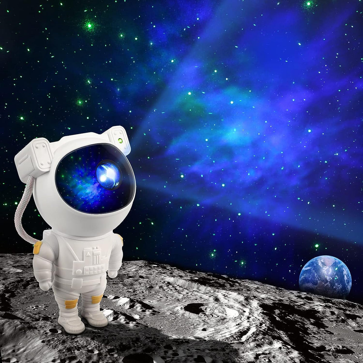 Astronaut galaxy projector displaying colorful nebulae and stars in a dark room. Main image