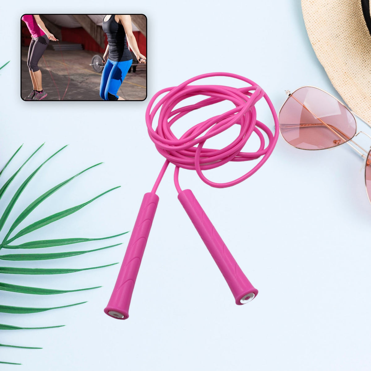 Blue adjustable jump rope with comfortable plastic handles for fitness workouts. Main image