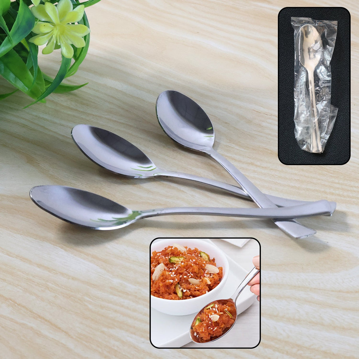 Set of three rust-resistant dining spoons with smooth oval bowls Main image
