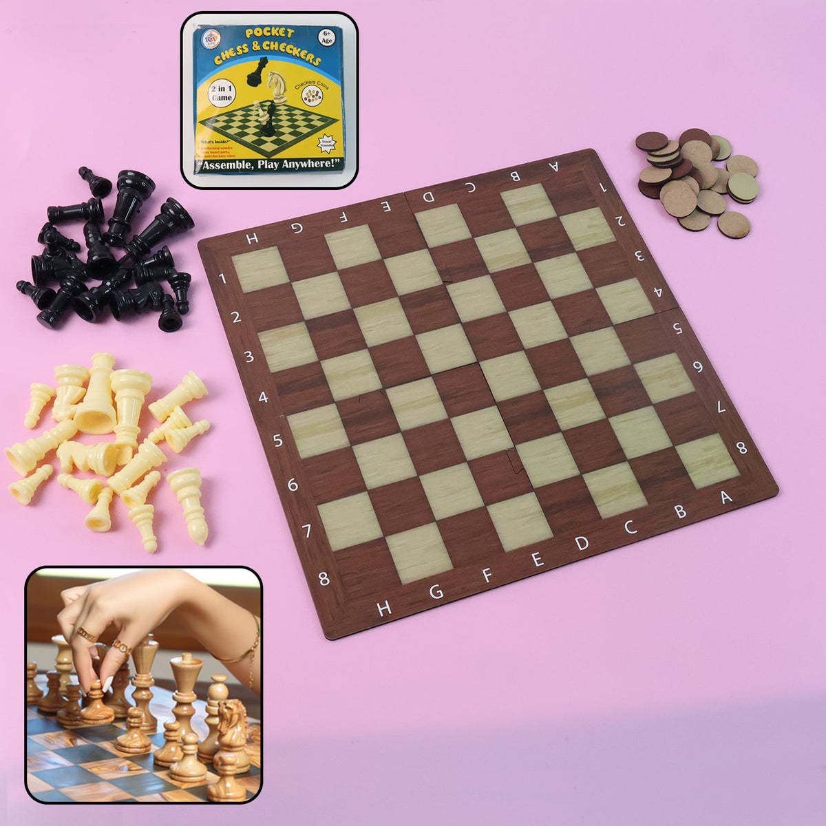 Foldable board of Chess & Checkers travel game set laid flat Main image