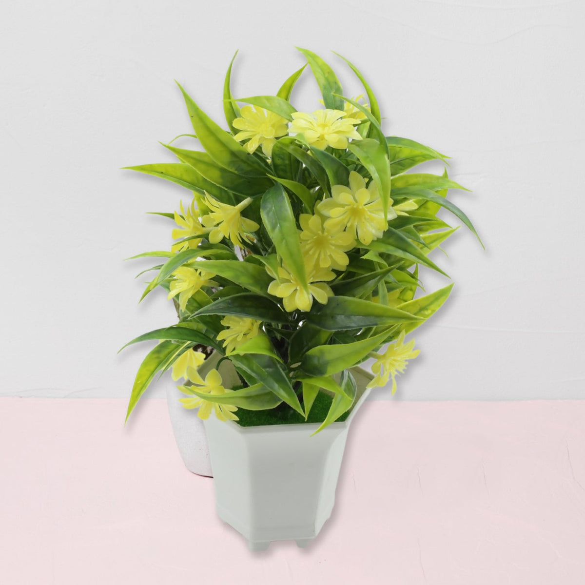 Vibrant artificial yellow flower plant in a minimalist white pot. Main image