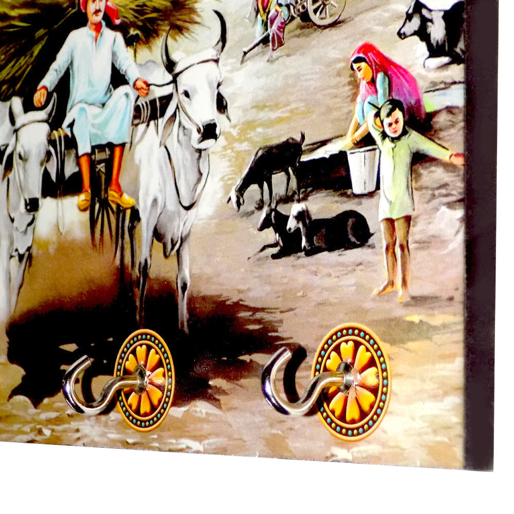 Modern wooden wall art with landscape design and practical hooks, enhancing home decor. Main image