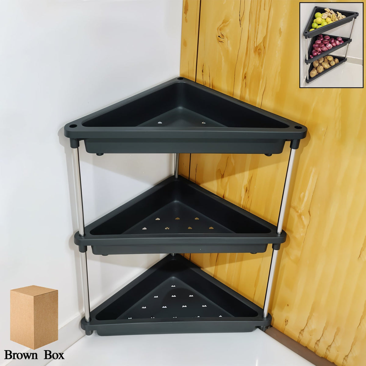 3-layer plastic corner storage rack with triangular shelves and metal support rods Main image