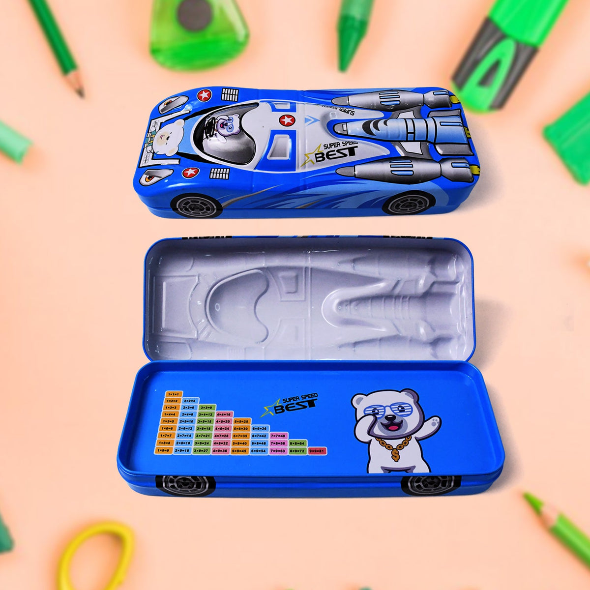 Bright red car shape compass box for kids, open to show stationery compartments. Main image