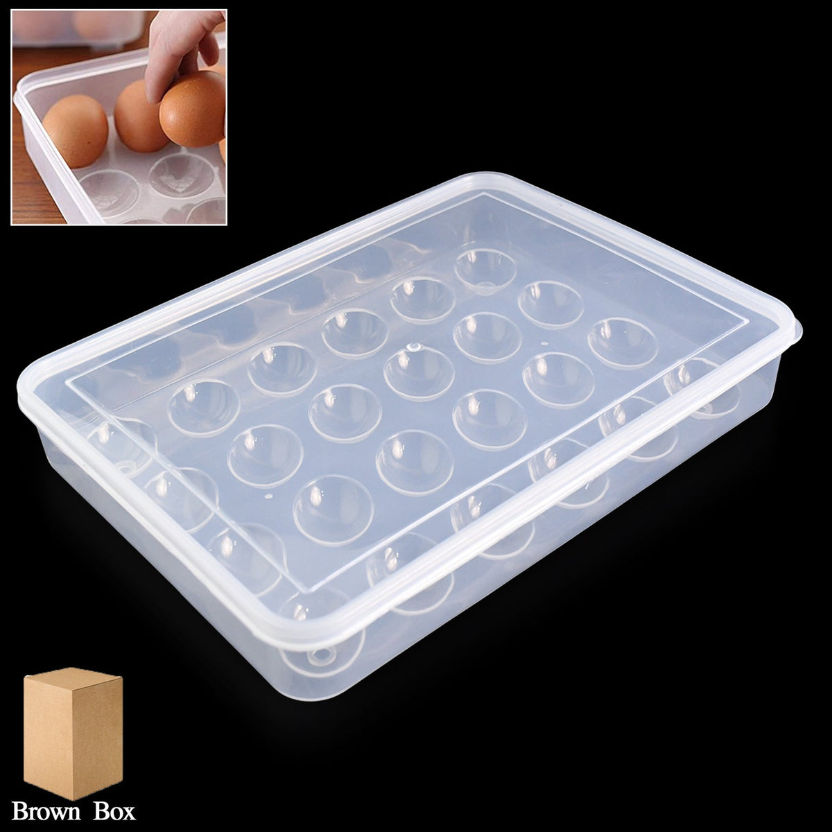 Two clear plastic egg storage containers stacked inside a refrigerator Main image