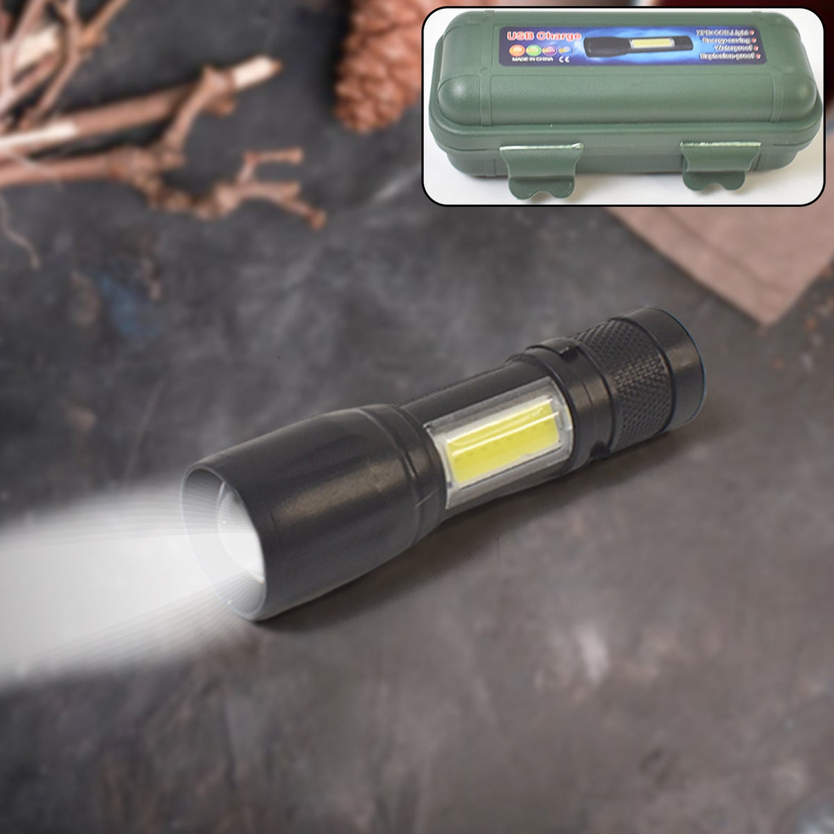 Rechargeable mini flashlight with front LED and side COB lantern. Main image