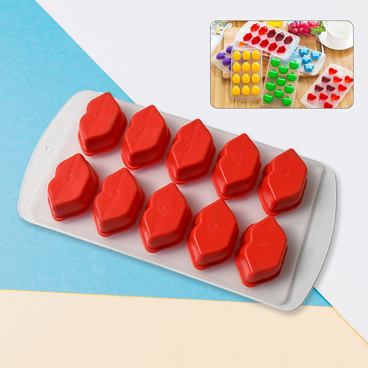 Vibrant silicone ice cube tray with multiple fruit shapes, ready for use. Main image