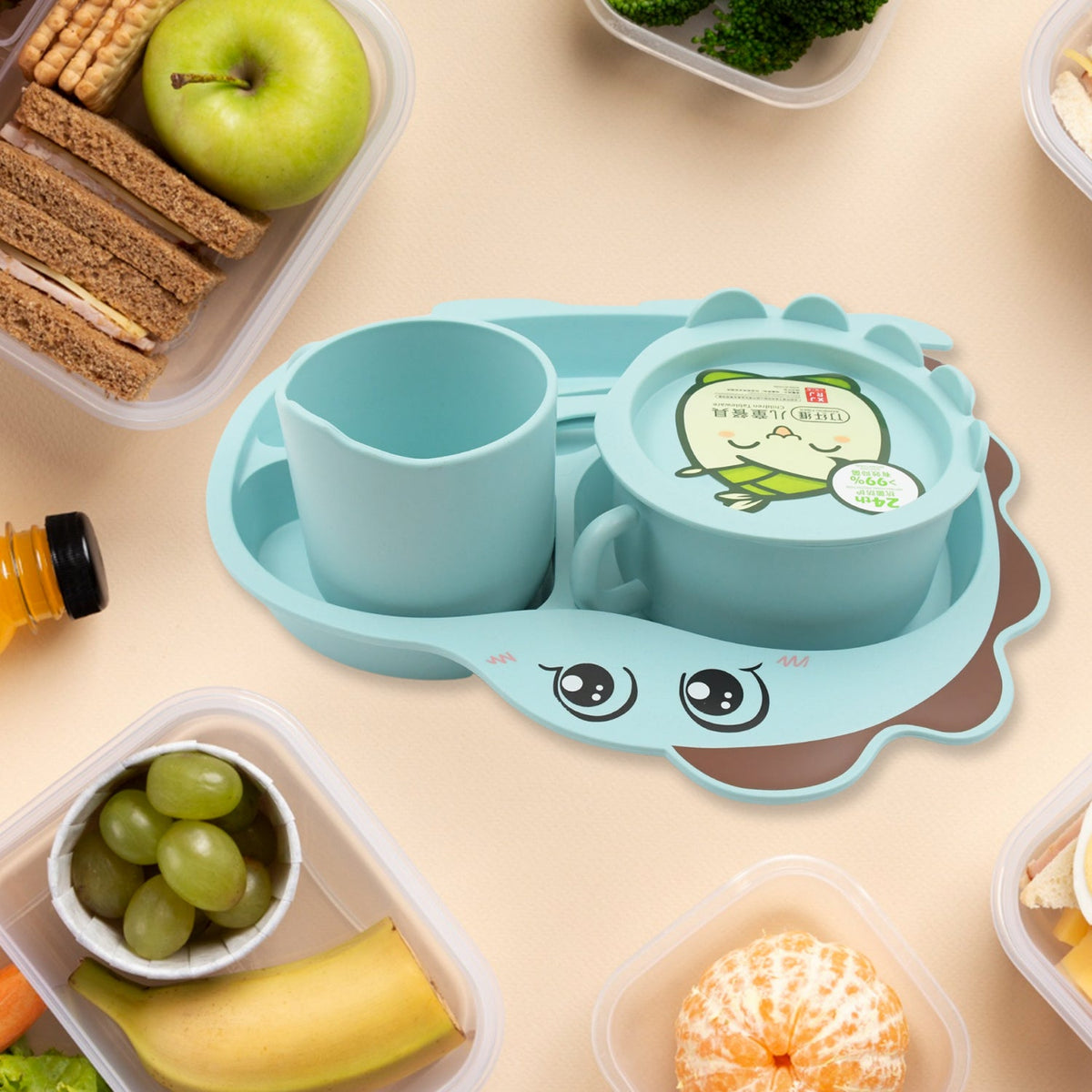 A colorful 7-piece baby feeding set with a divided plate, bowl, cup, spoon, fork, and chopsticks. Main image