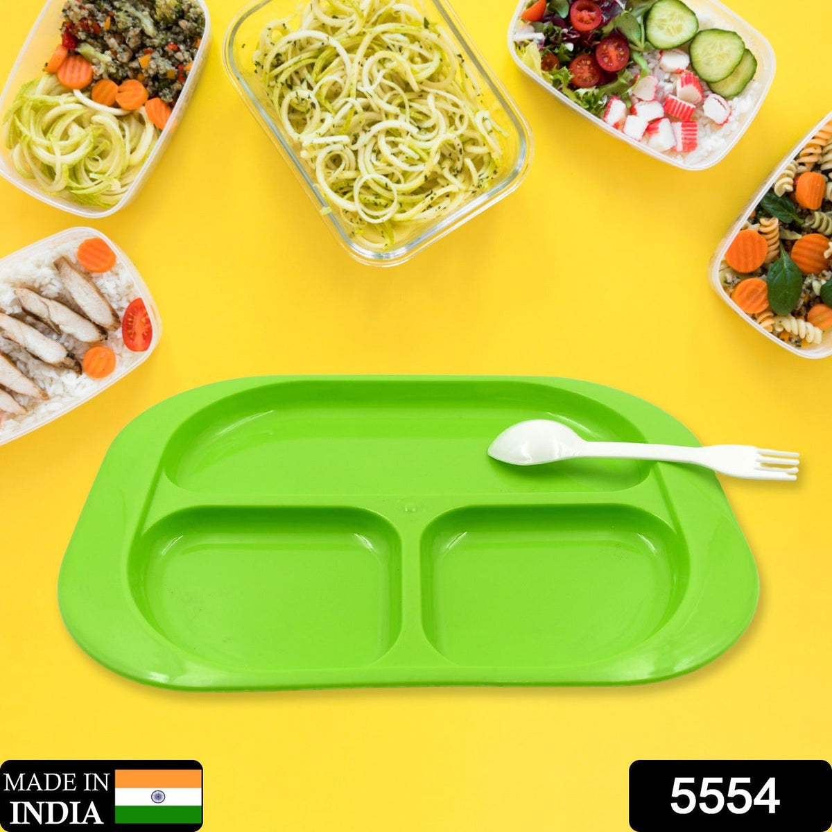 White 3-compartment food plate with matching spoon. Main image