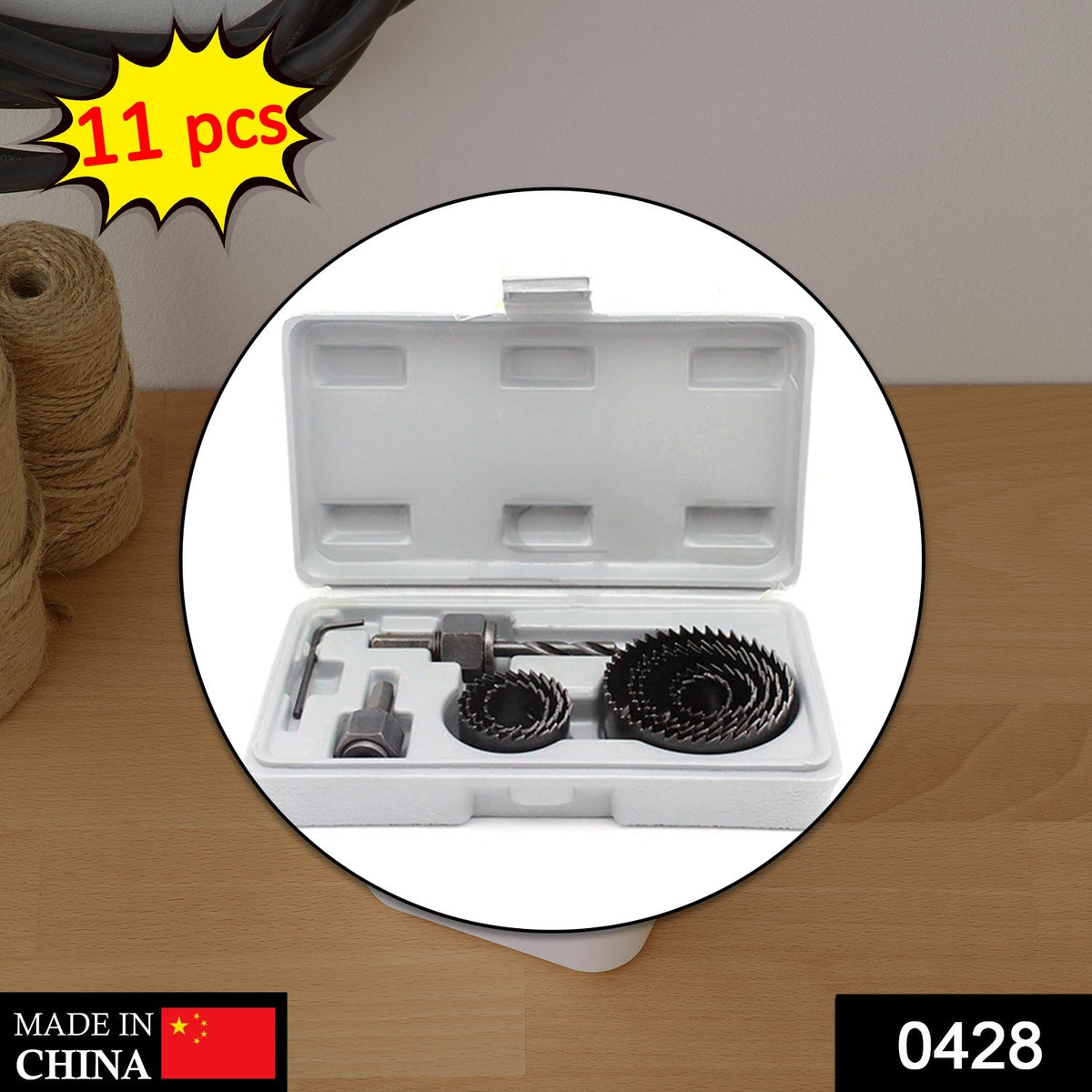 BoltForce 11-piece wood hole saw set arranged in its plastic storage case. Main image