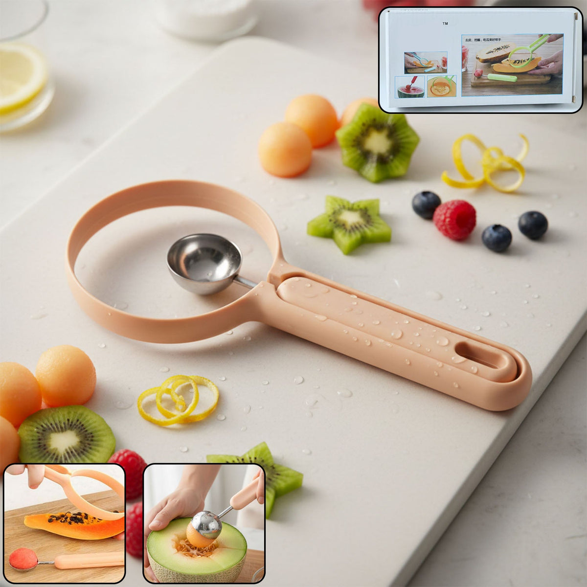 Dual-function fruit scooper and cutter tool with ergonomic handle Main image