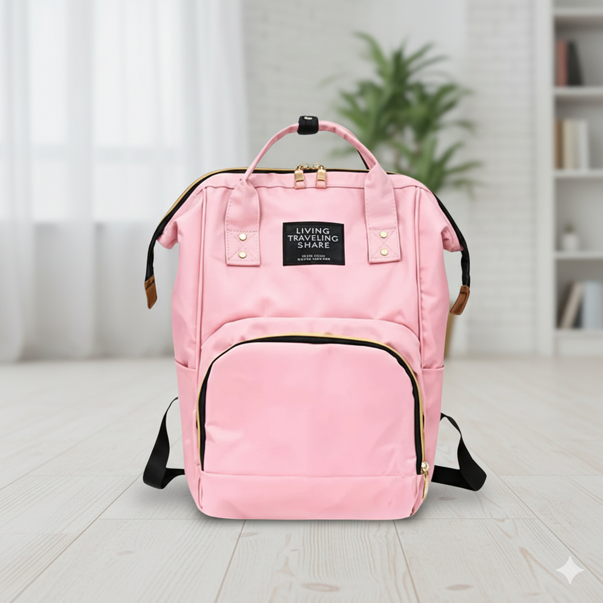 Tots Basics Diaper Bag Backpack in black, front view with multiple compartments. Main image