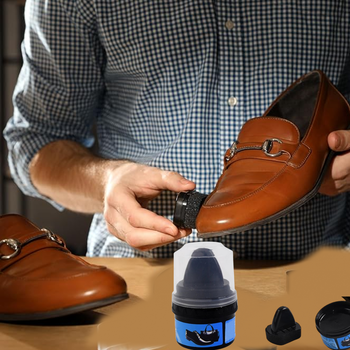 Instant Shoe Shine Sponge with liquid polish bottle in compact design Main image
