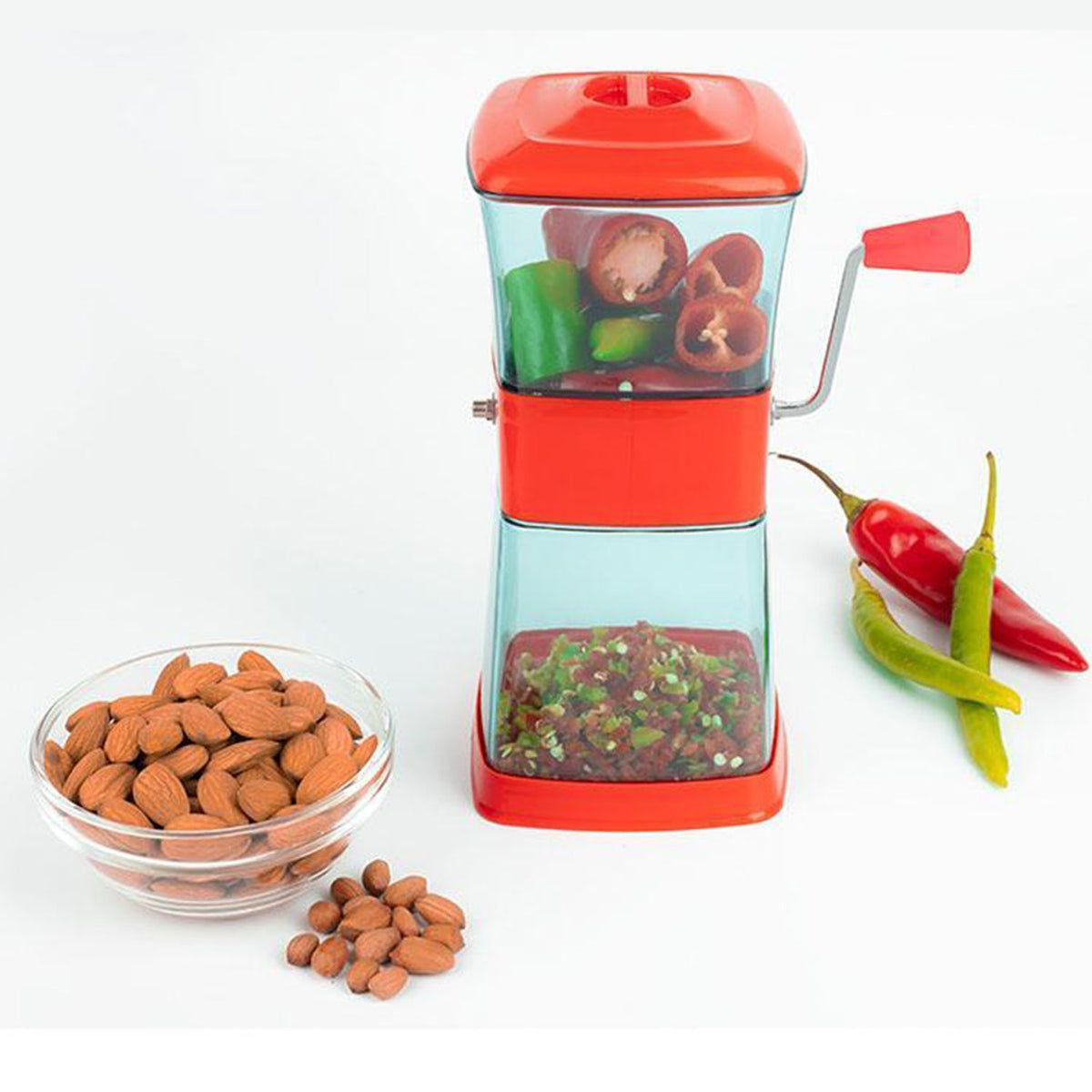 Maitri Onion Chopper with stainless steel blades, ready to chop vegetables. Main image