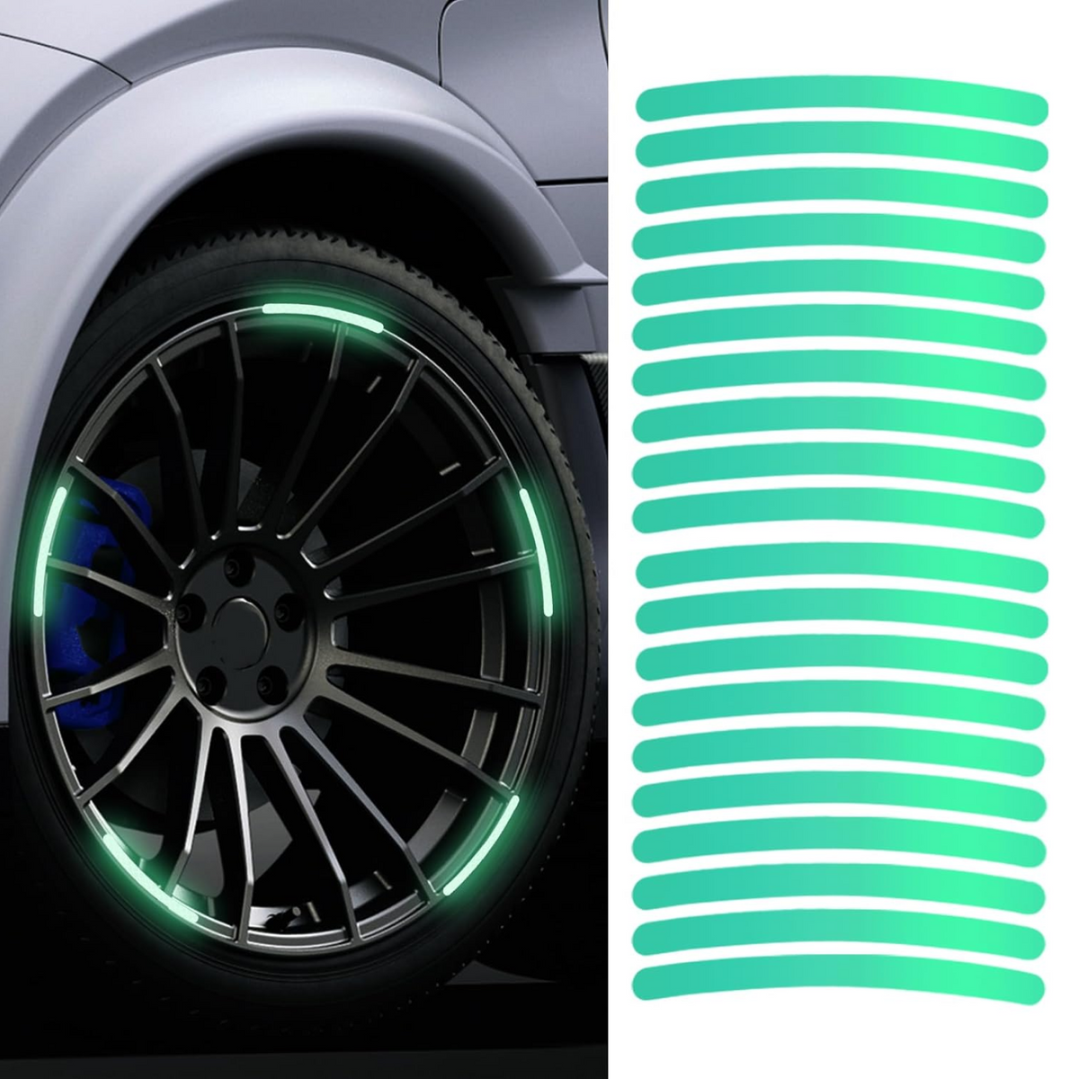 Multicolored reflective car wheel stickers applied to a dark car wheel, enhancing night visibility. Main image