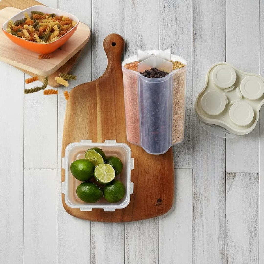 Clear plastic 4 section food storage container with a secure locking lid. Main image