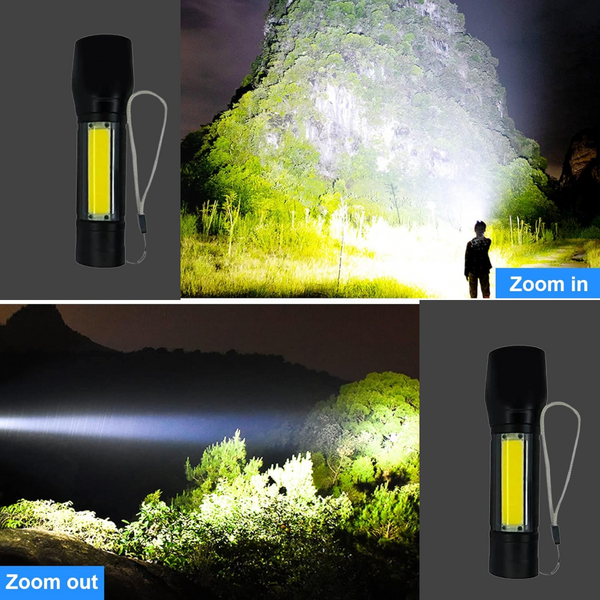 Close-up of the bright LED beam of the rechargeable emergency light.
