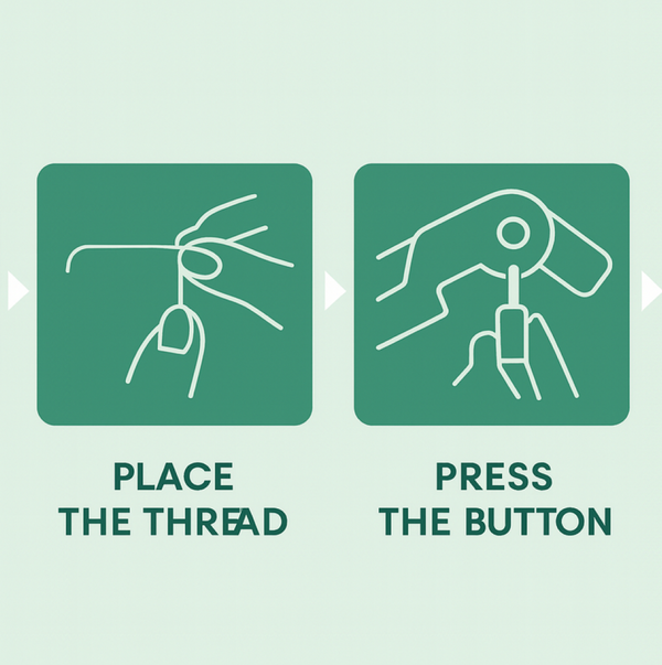 Automatic needle threader shown with a needle and thread, ready for use.