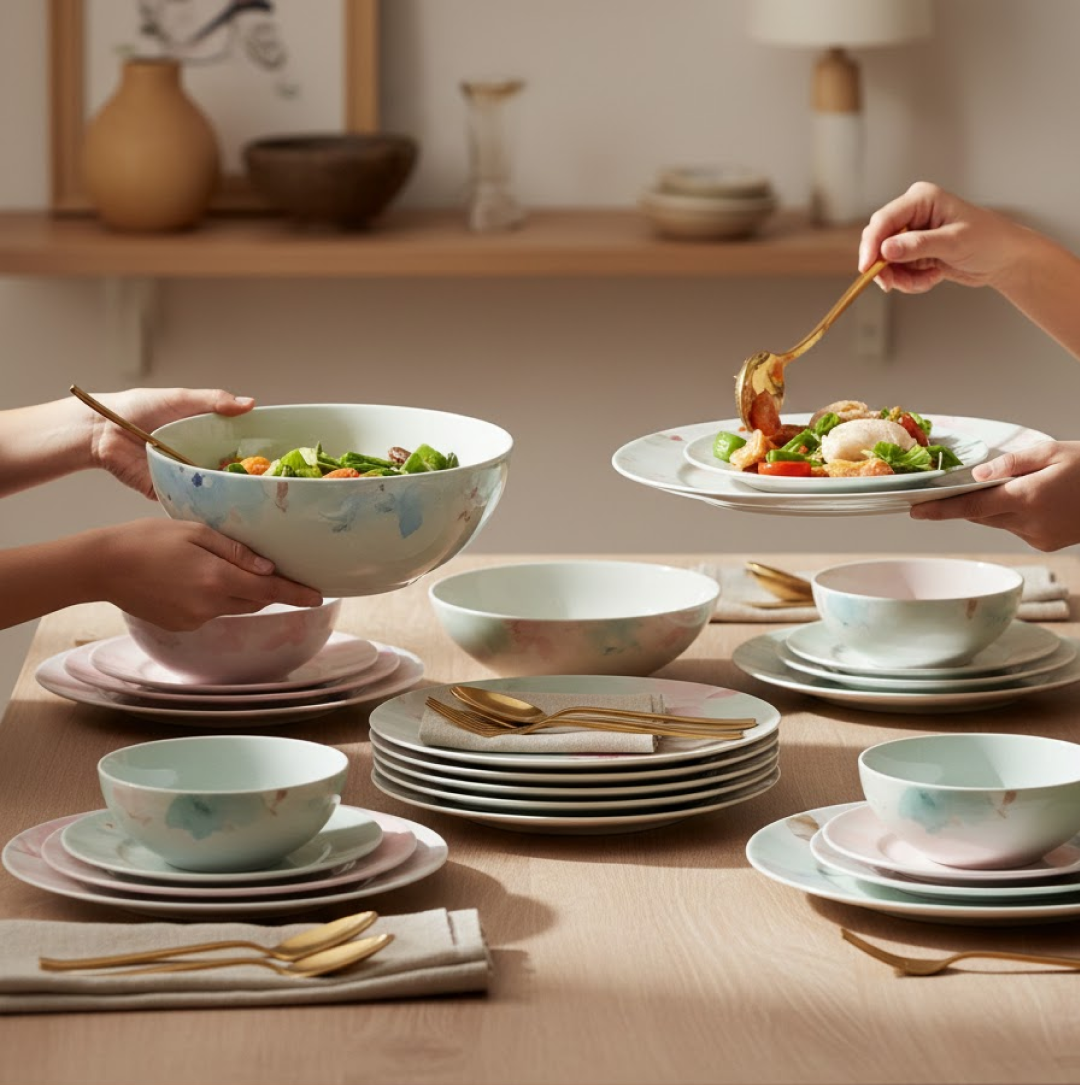 Complete 32-piece plastic dinner set with vibrant prints for Indian dining. Main image