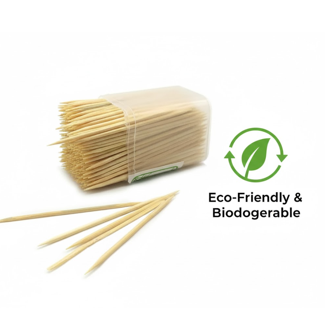wooden toothpicks in a reusable dispenser box on a white background. Main image