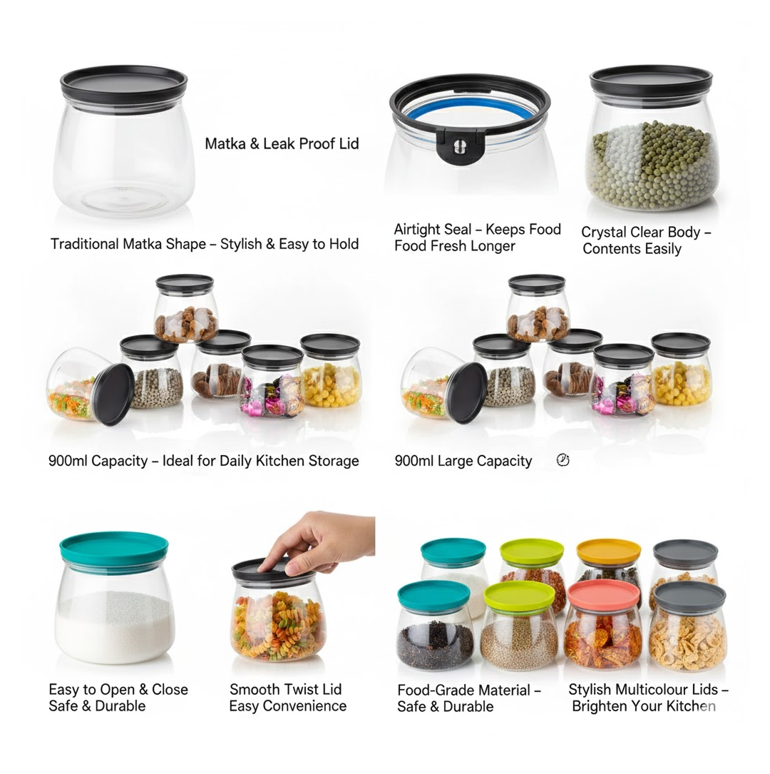 Airtight Storage Jars – Matka Shape, 900ml Set of 6 | Velvet Wheels Secondary image